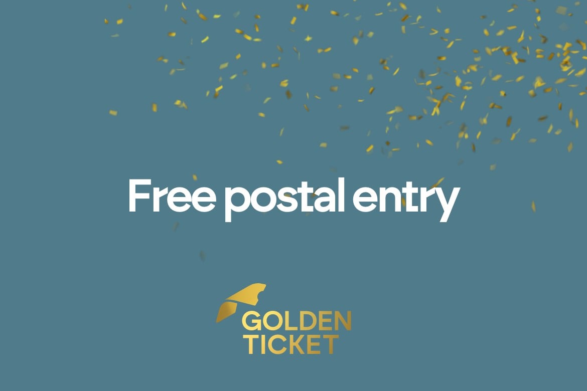 Promotional graphic featuring 'Free Postal Entry' in white text with a confetti backdrop and a Golden Ticket product logo